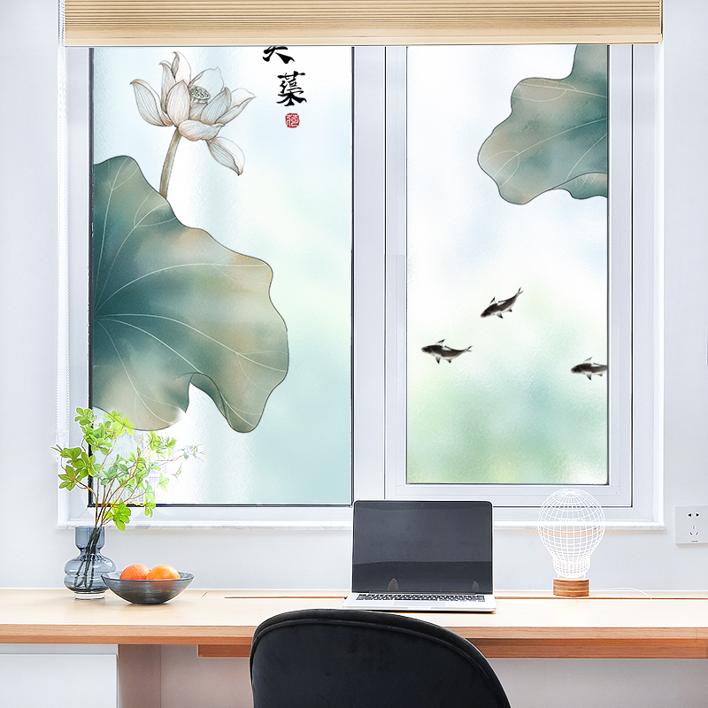 静电磨砂玻璃贴膜厨房透光不透明卫生间移门贴纸窗户贴纸荷花防窥