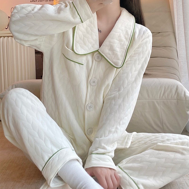 睡衣女春秋冬季长袖纯棉网红可爱加厚保暖夹层家居服两件套装麦穗