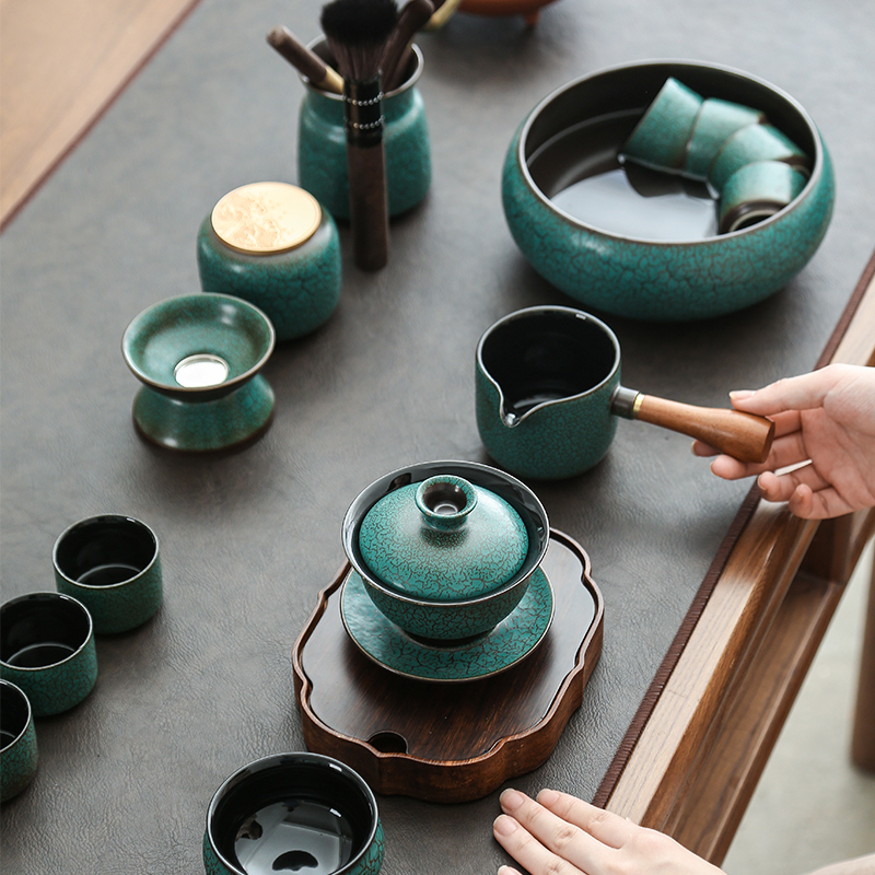 陶瓷绿釉功夫茶具套装家用办公室会客盖碗茶壶茶杯套装日式泡茶壶