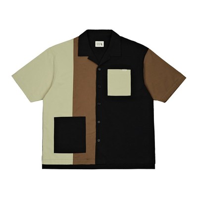 CENLES SS24 美式撞色拼接短袖衬衫男宽松复古休闲古巴领衬衣夏季