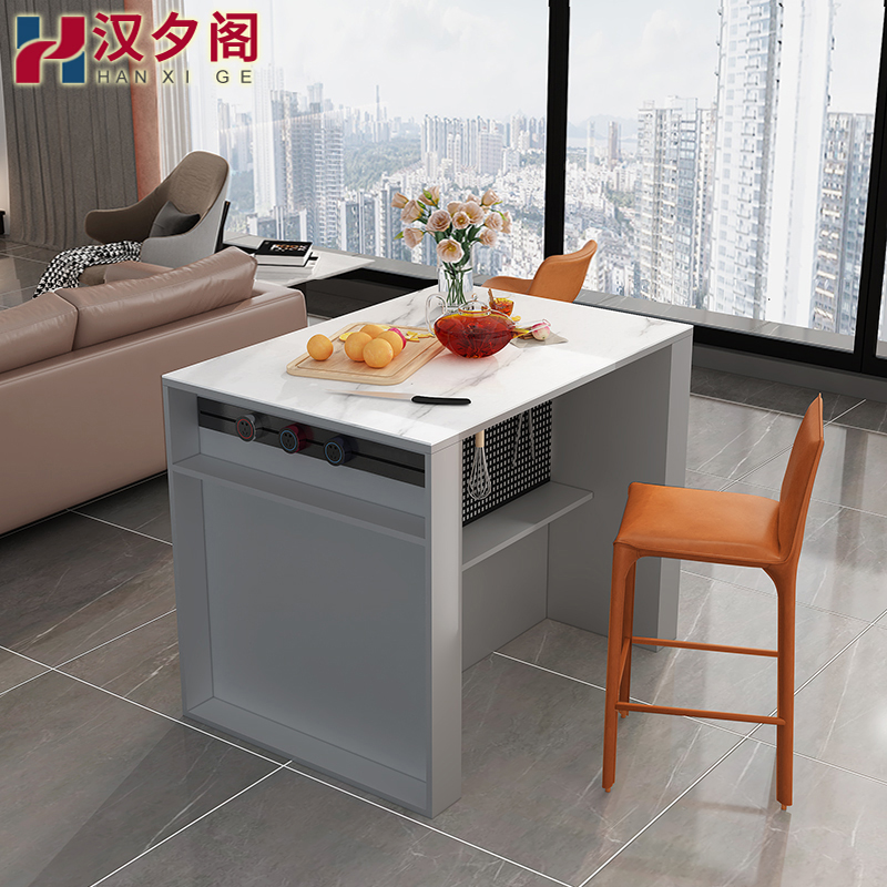 轻奢岩板岛台餐桌一体家用吧台桌开放式厨房餐边柜茶水柜可定制