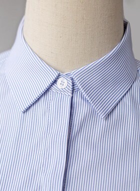 春夏季短袖衬衫职业工装白底蓝色条纹修身V领方领加大码长袖衬衣