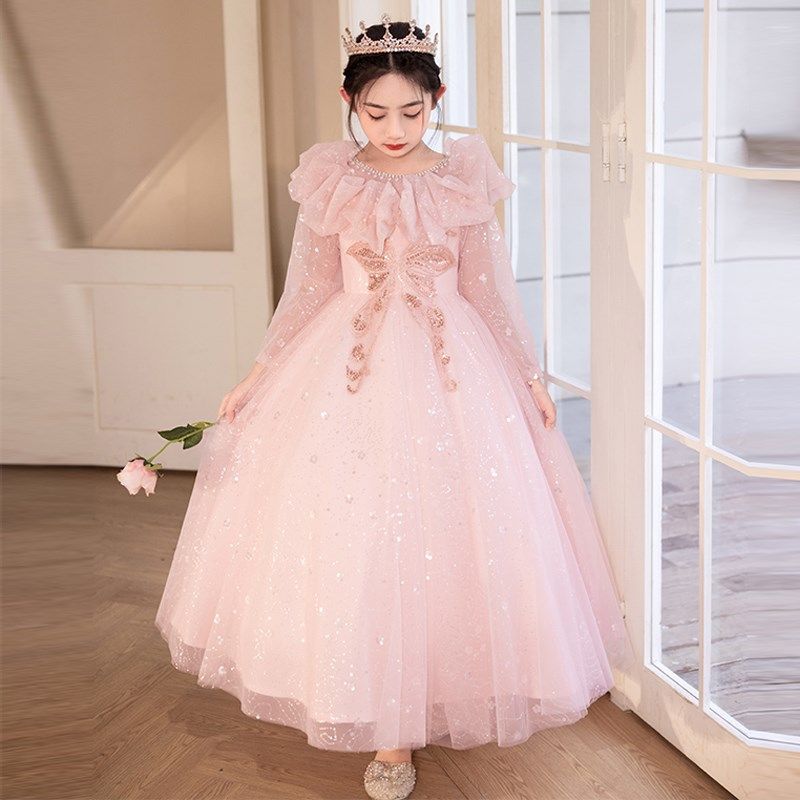 粉色女童晚礼服长袖高端儿童生日公主裙小女孩走秀钢琴演出服秋冬