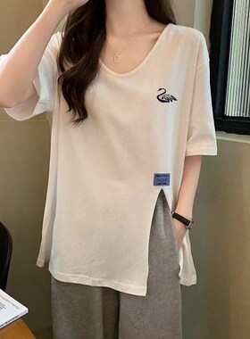 纯棉白色v领短袖t恤女夏季新款设计感宽松开叉中长款大码女上衣