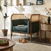 中古侘寂风实木藤编沙发三人位茶几组合小户型客厅双人休闲沙发椅