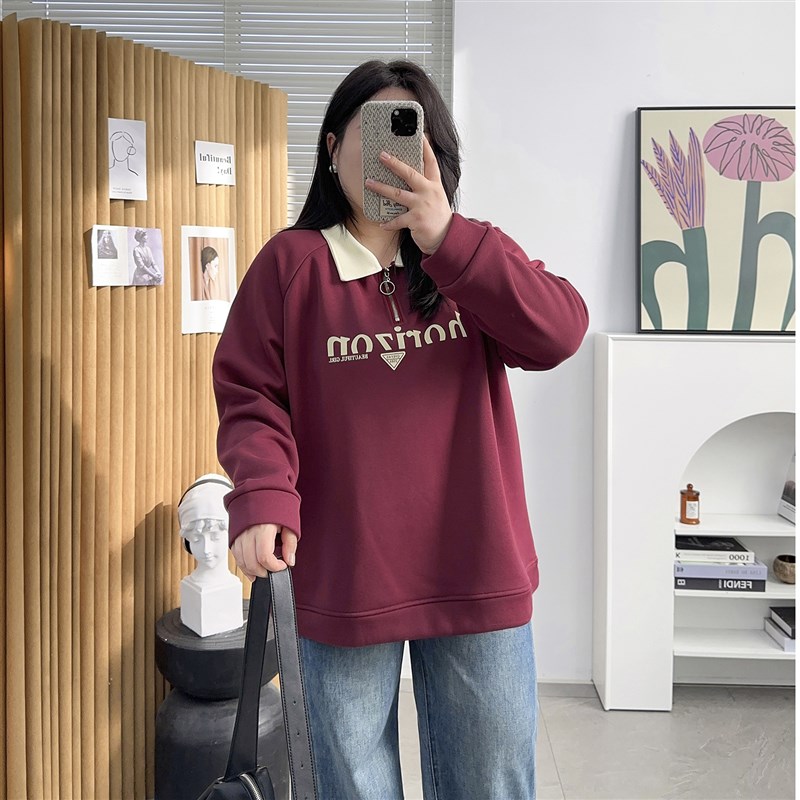 大码女装polo领半拉链卫衣女秋冬季加绒200斤胖mm宽松插肩袖上衣