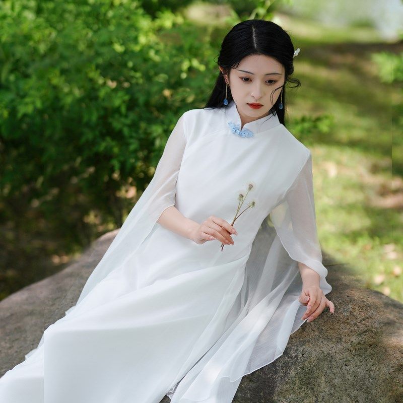 新中式古风女装设计感仙气披肩白色连衣裙女夏雪纺温柔长裙仙女裙