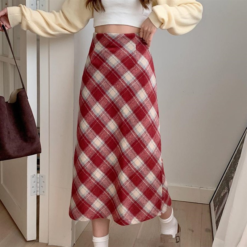 毛呢格子半身裙女秋冬大码胖mm高腰显瘦遮肚子中长款包臀a字裙子
