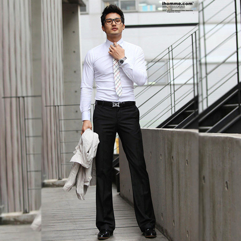 男装白色微喇阔脚西裤男商务修身直筒西装裤英伦休闲免烫大脚裤子