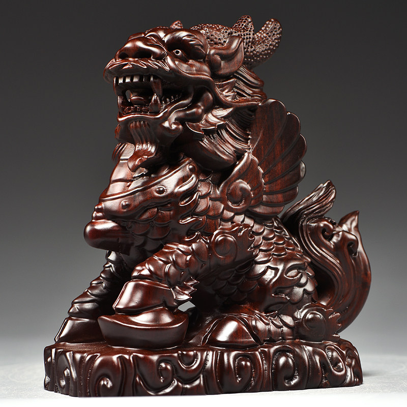 黑檀木雕麒麟摆件一对木制家用办公室客厅卧室装饰工艺品开业送礼