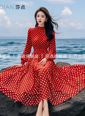 红色波点连衣裙女夏气质收腰气质长袖雪纺长裙长款沙滩裙海边度假