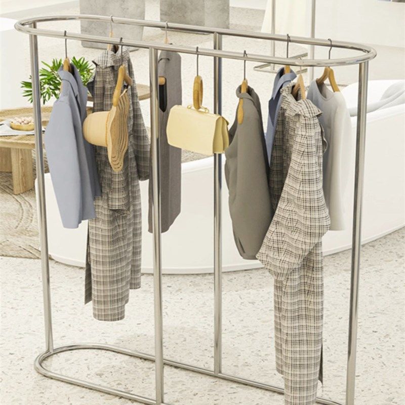 椭圆形双杠中岛展示架拉丝不锈钢服装店男装女装童装落地式挂衣架
