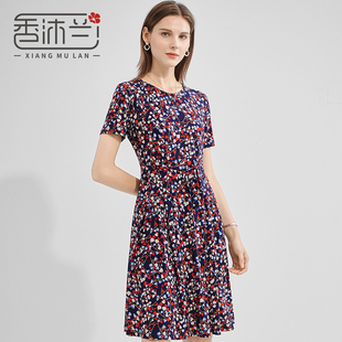 香沐兰2025年夏季短袖裙子碎花时尚圆领显瘦收腰系带中长款连衣裙