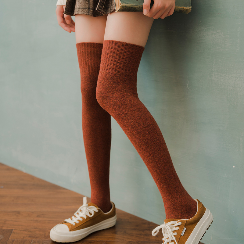 无骨缝合冬季过膝羊毛袜子女长筒黑色百搭高筒保暖加厚女式棉袜潮