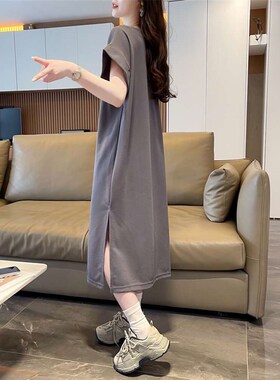 胖mm大码孕妇连衣裙2024年夏季新款灰色V领长款过膝懒人T恤裙子女