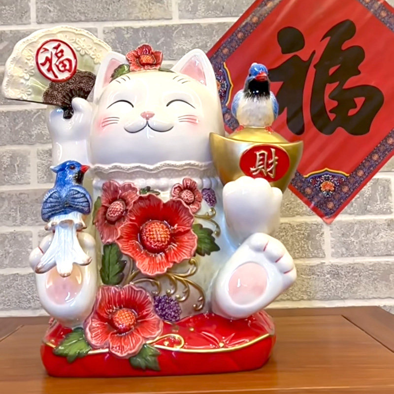 陶瓷大号蓝凤日式招财猫摆件家居装饰品喜鹊桃花新中式吉祥对鸟