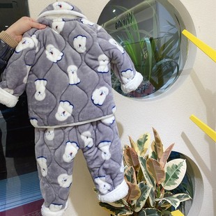儿童睡衣男女童冬季 加厚家居服棉服三层夹棉宝宝卡通加绒保暖套装