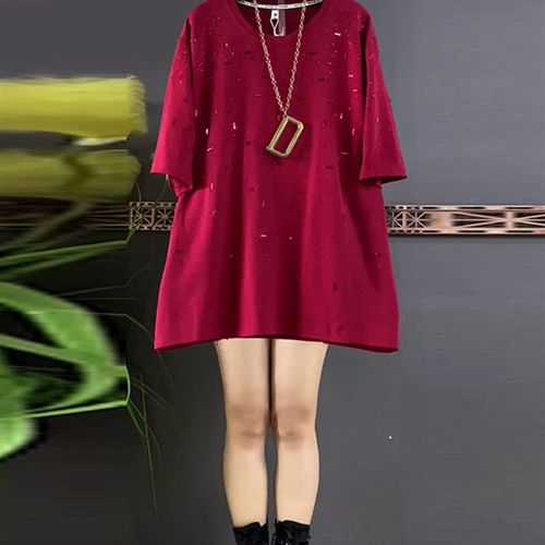 加肥女圆领短袖亮钻上衣胖妹妹宽松遮肚子大码女装秋季款休闲T恤