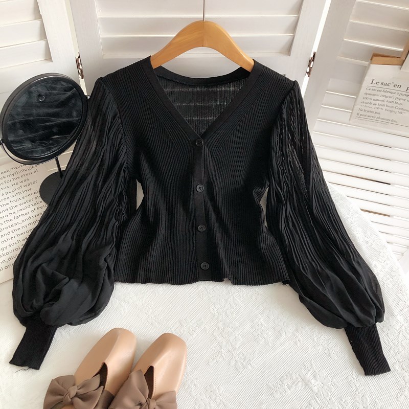 雪纺拼接泡泡长袖单排扣V领针织衫2021秋冬新款修身显瘦打底衫女