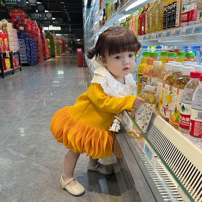 小蜜糖童装女童黄色连衣裙秋冬周岁灯笼裙衣服宝宝公主裙儿童裙子图片