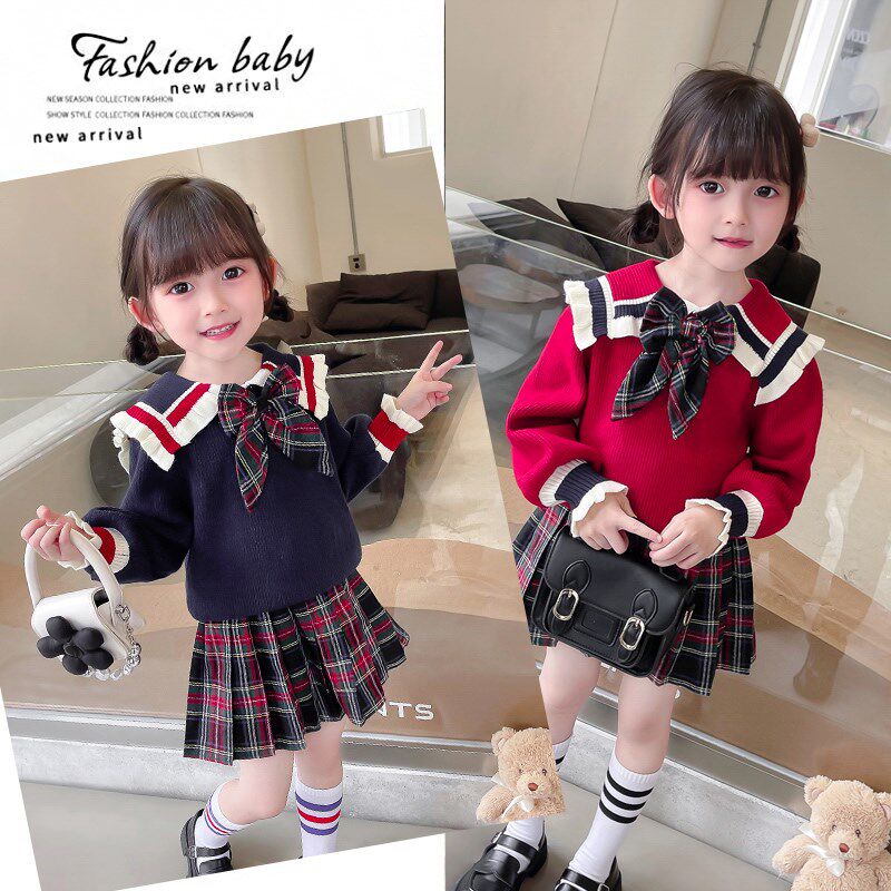 女童秋冬毛衣套装2024新款学院风jk制服春秋两件套洋气女宝百褶裙图片