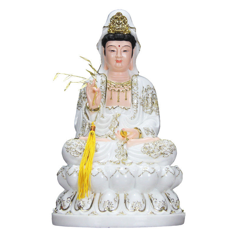 12/16寸汉白玉金描观世音菩萨全莲自在滴水宝瓶观音佛像家居摆件