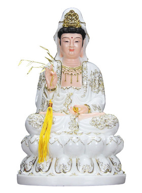 12/16寸汉白玉金描观世音菩萨全莲自在滴水宝瓶观音佛像家居摆件