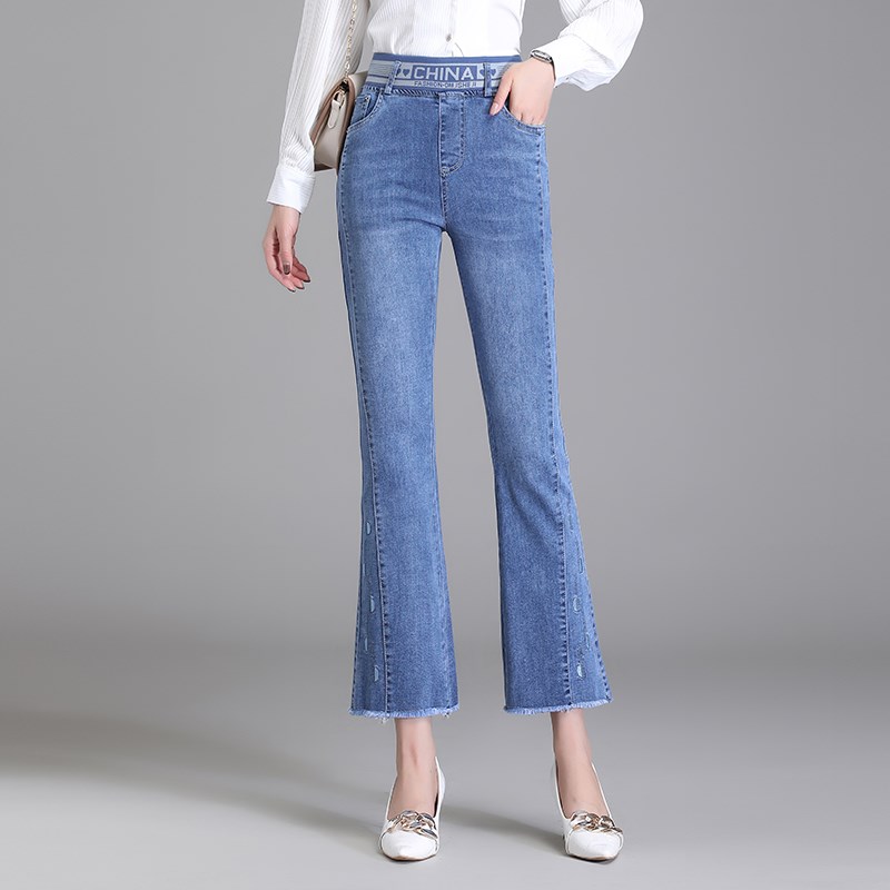 九分微喇牛仔裤女松紧高腰春秋季弹性修身小个子显高显腿长喇叭裤