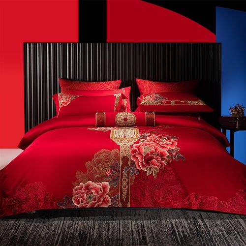 思辰高档婚庆四件套结婚床上用品中式大红婚嫁婚床喜被全棉新婚礼