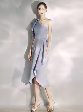 晚礼服女宴会轻奢小众高端单肩法式高级感蓝色主持人年会party裙