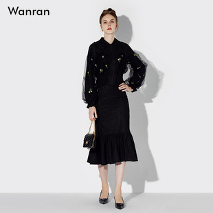 短上衣包臀荷叶边显瘦半裙套装 2024春装 新气质拼接网纱绣花灯笼袖