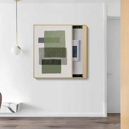 北欧抽象线条电SQ5058表箱装饰画竖版可推拉挡遮配电挂箱画清绿色