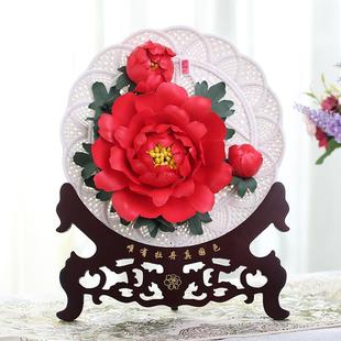 牡丹瓷摆件洛阳高端精致家居陶瓷OGC牡丹花盘盘送蜜婚结礼物闺装