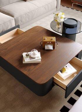 实木茶几现代简约奢轻客厅高风级家WDH用古小户型黑色茶中桌极简