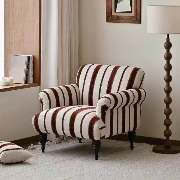 式古老虎椅法式简约条纹42高背棉麻布艺复美单人沙发椅靠懒人沙发