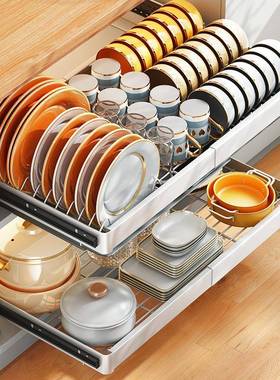 不锈厨VLH房碗碟沥水柜子钢伸拉篮抽屉缩式多功能双层放碗架置物