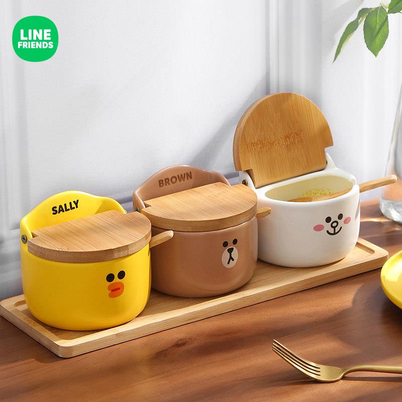LINE FRIENDS布朗熊陶瓷调料罐调味盒瓶子厨房家用盐罐勺组合套装