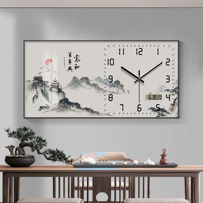 新中式水墨风FVD景餐l厅装饰画年历大带钟钟表电子万静音挂钟气时