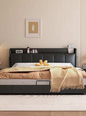 极主简意式黑色床现高代简约卧室双人床端大气储物网红QGQ软包皮