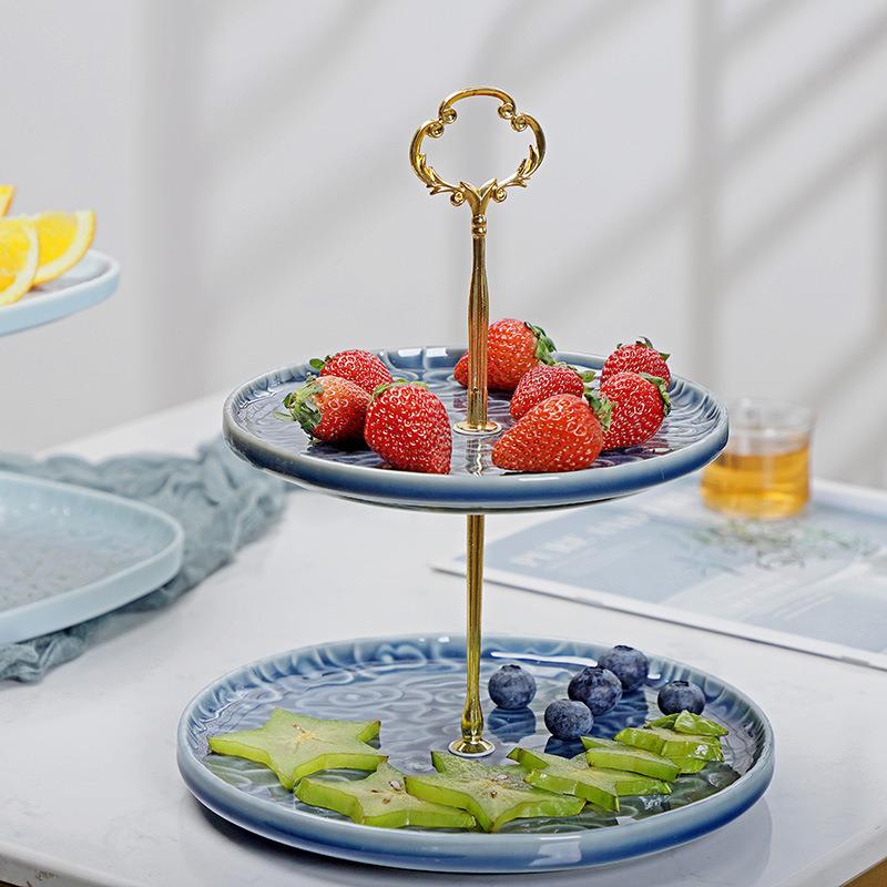 中式创意双层陶瓷果盘果盘架婚家客用厅茶几茶点CZK果盘庆轻水奢