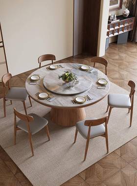 现简约实木岩圆板桌PUO圆餐桌椅组合家用餐厅代大小户型形饭桌带