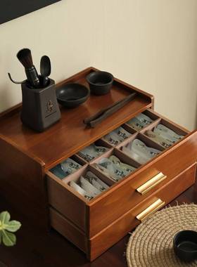 木质茶包收纳盒具配件抽器SJT屉式茶盒茶站容格桌茶面储分物盒