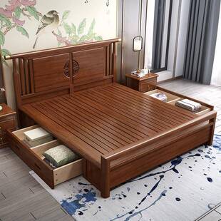 现代式金丝桃胡木全实木3623318米双人床主卧室储物婚.床1.中5米