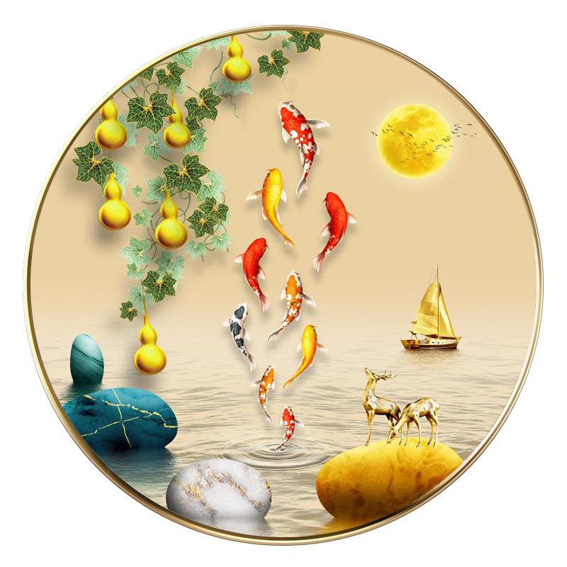 九鱼高图玄关装饰IIP画档入户门墙对挂画客厅背景正圆形晶钻LED灯