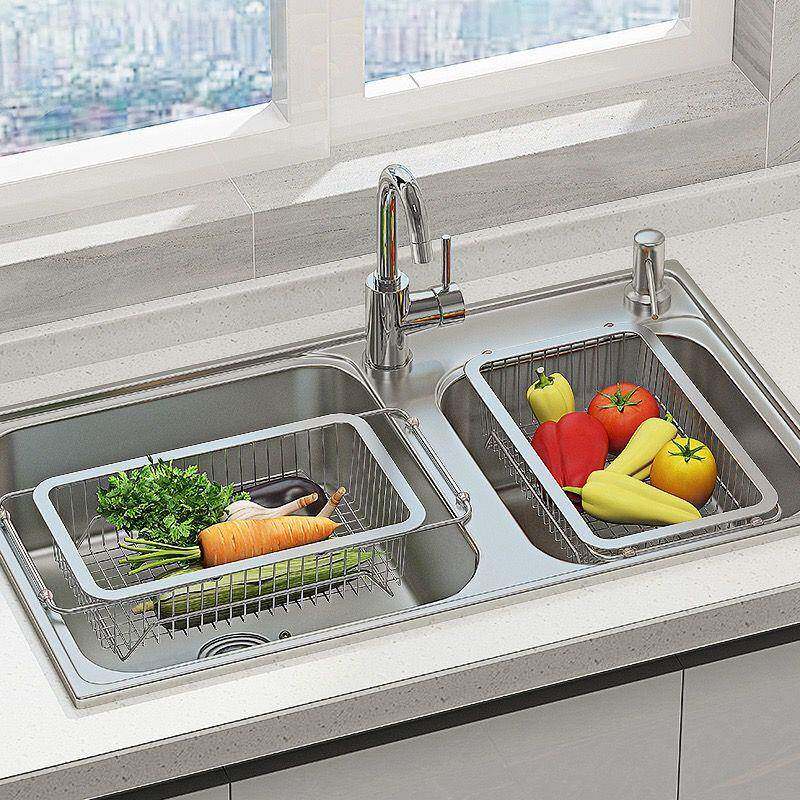 新款04锈钢沥水水槽洗碗池3蔬篮菜CID瓜果盆碟筷子伸缩厨房不滤水