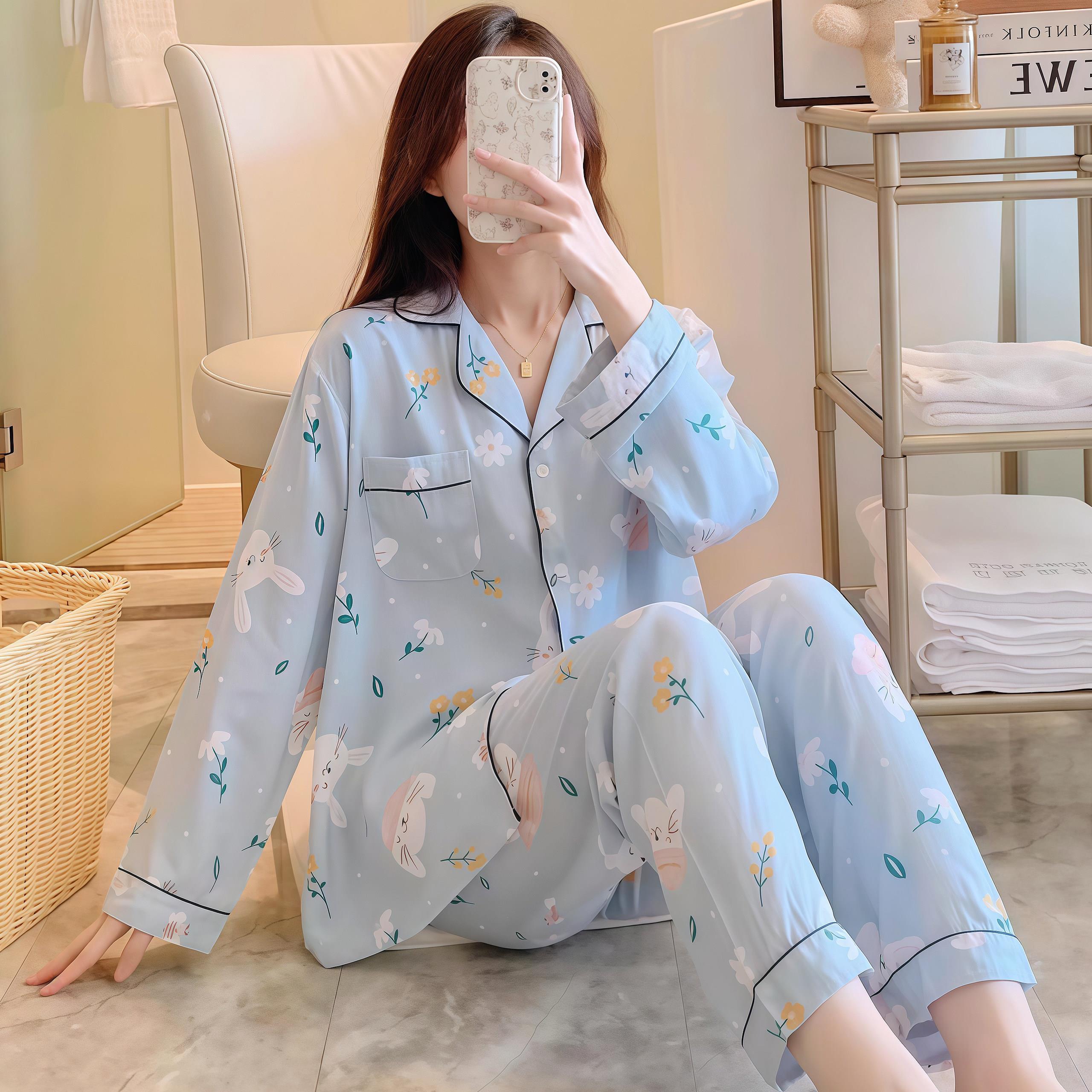 女士棉绸睡衣薄款长袖套装春夏季空调服人造绵开衫家居服秋天式生
