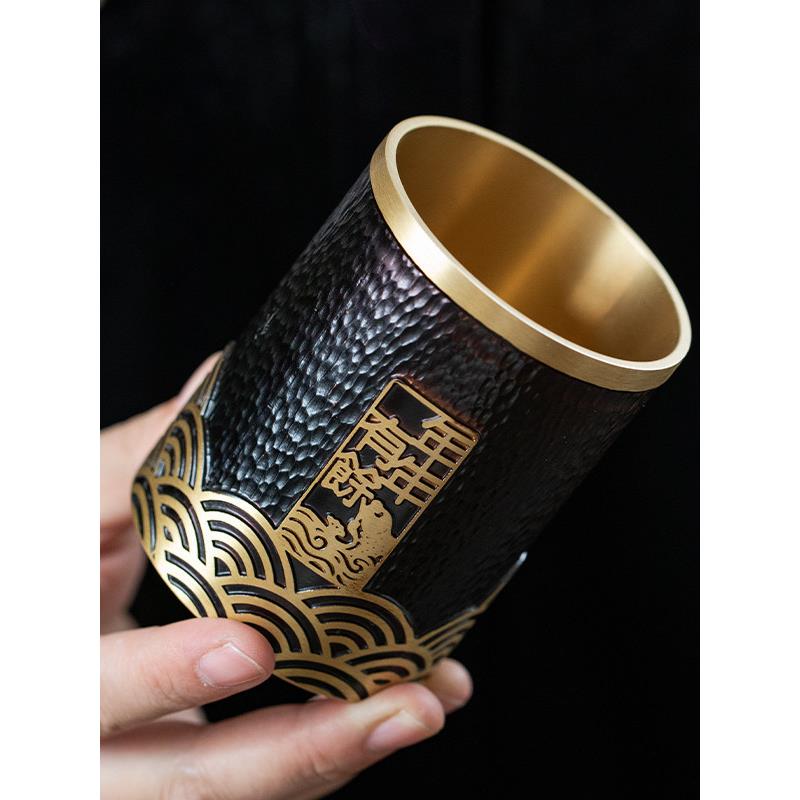 高档纯黄铜茶筒笔筒茶道六君子单筒茶具配件文房用品办公桌面摆件