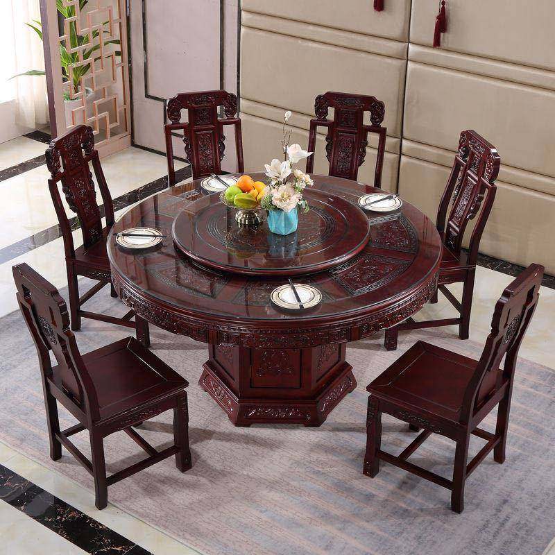 全木大收木圆桌雕花橡705圆形餐桌10人中式仿古餐桌椅组合纯实实