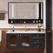 法式 黑色柜橡木园915浴室柜田风陶瓷一体盆合浴室组新款 卫浴洗脸