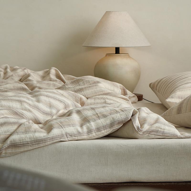 日PZ1299麻系棉.色织提花床上四件透气条纹被套罩床单笠民宿15套